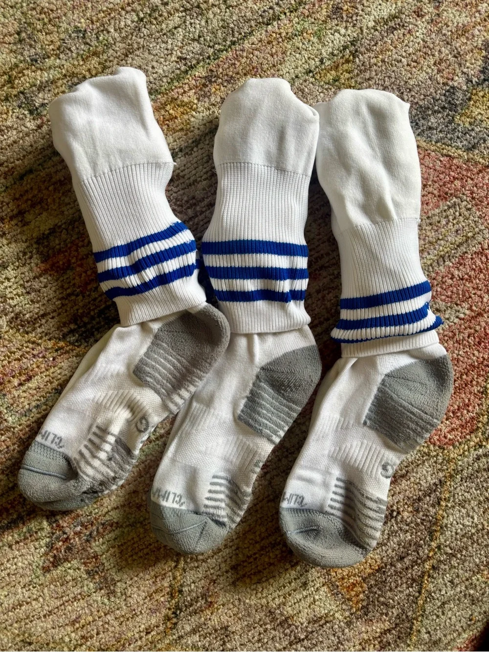 Adidas White Crew Athletic Socks with Blue Stripes- Large 3 Pairs